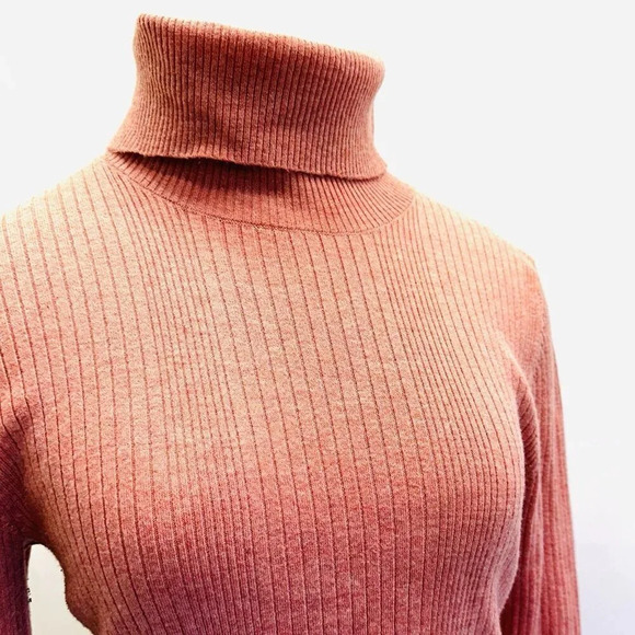 LOFT Women Short Long Pullover Turtleneck Ribbed Coral Sweater Size Medium - Picture 3 of 13